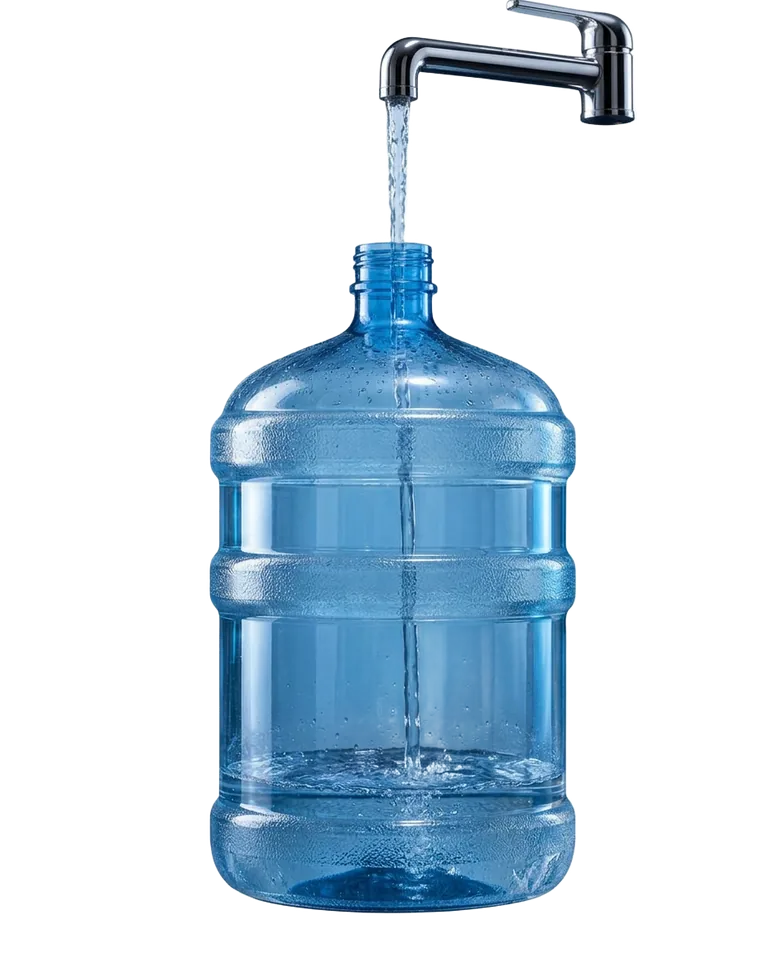 Chrome tap pouring a stream of water into a large refill bottle